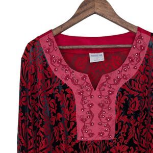 Bedford Fair Womens Velvet Burnout Embroidered Rhinestone Top Size 1X